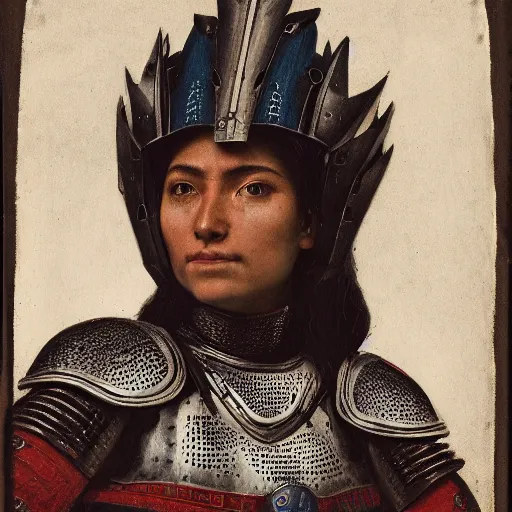 Prompt: head and shoulders portrait of a female knight, quechua, lorica segmentata, cuirass, tonalist, symbolist, realistic, ambrotype, baroque, detailed, modeled lighting, vignetting, indigo and venetian red, angular, alarmed, raven