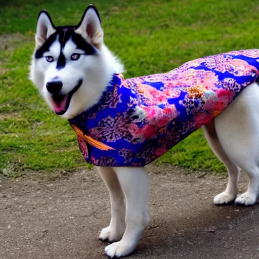 Image similar to a Siberian husky wearing a kimono