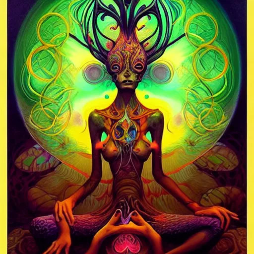 Image similar to psychedelic ayahuasca artwork of esao andrews frank peter mohrbacher, energy body, sacred geometry, esoteric art, divinity, detailed, tarot art