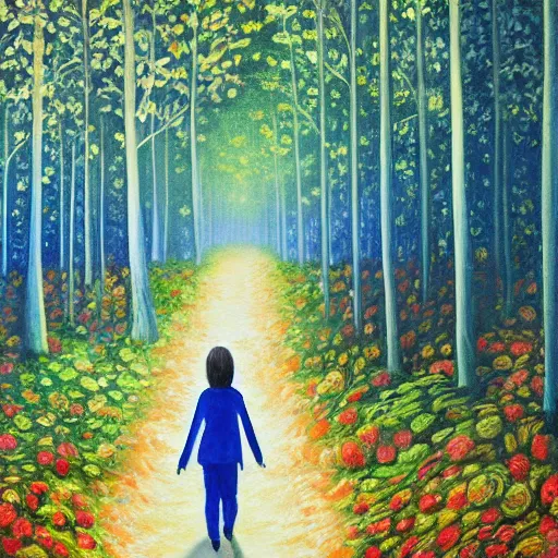 Image similar to a painting of a person walking through a forest, a storybook illustration by jon coffelt, pixiv contest winner, metaphysical painting, storybook illustration, acrylic art, oil on canvas