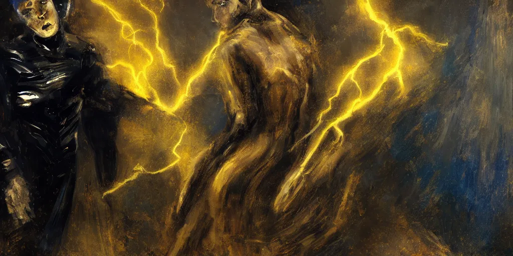 Image similar to futuristic white and gold trimmed android helping a soul escape from hell painted in the style of adolph von menzel 4 k dramatic lightning hd