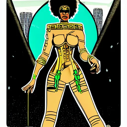 Prompt: afrofuturist woman walking down the busy street wearing gold jewelry, cyberpunk, far shot, retro comic art style, pastwl