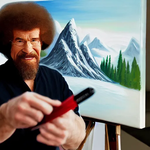 Image similar to a closeup photorealistic photograph of bob ross working on a canvas painting of darth vader. film still. brightly lit scene. mountains and trees. this 4 k hd image is trending on artstation, featured on behance, well - rendered, extra crisp, features intricate detail, epic composition and the style of unreal engine.