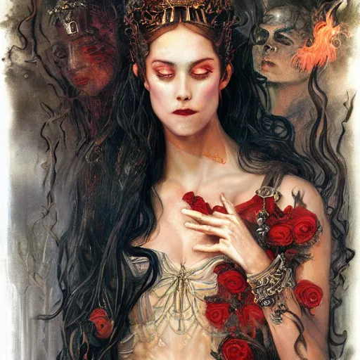Prompt: epic masterpiece full body portrait a beautiful Persephone, queen of the underworld, with a beautiful face and flawless skin, cheeks wet with tears, in Hades, flames and smoke in background, raining ashes, by Edgar Maxence and Ross Tran and Michael Whelan