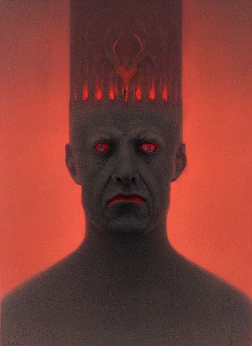 Image similar to lord loss, king of hell & sadness, book portrait, pale red, lumpy skin, he has very dark - red eyes with even darker red pupils. symmetric lights and fog, in the style of zdzislaw beksinski, glowing light and shadow, hyperrealist, 8 k