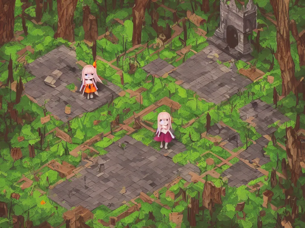 Prompt: cute fumo plush gothic witch girl exploring in the woods, isometric perspective, orthographic, tile map, vray