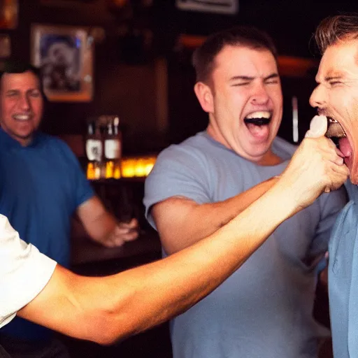 Prompt: 90mm color photo of a man slapping another man at the local pub