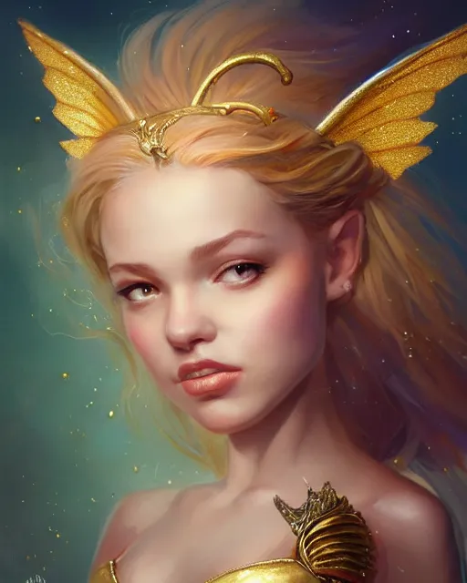 Prompt: cute fairy princess portrait, gold bra, gold wings, highly detailed, d & d, fantasy, highly detailed, digital painting, trending on artstation, concept art, sharp focus, illustration, art by artgerm and greg rutkowski and fuji choko and viktoria gavrilenko and hoang lap