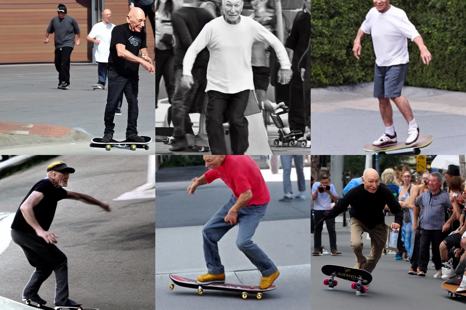 Prompt: a paparazzi phone of Patrick Stewart skateboarding, candid picture, radical