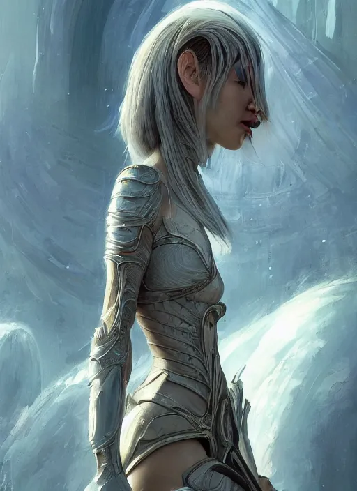 Image similar to a professional painting of a beautiful young female alien, clothed in ethereal armor, olive skin, long dark hair, beautiful bone structure, symmetrical facial features, intricate, elegant, digital painting, concept art, smooth, sharp focus, illustration, from Valerian and the City of a Thousand Planets, by Ruan Jia and Mandy Jurgens and Artgerm and William-Adolphe Bouguerea