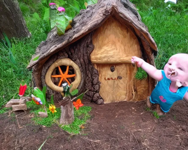 Prompt: giant baby ransacks a fairy house