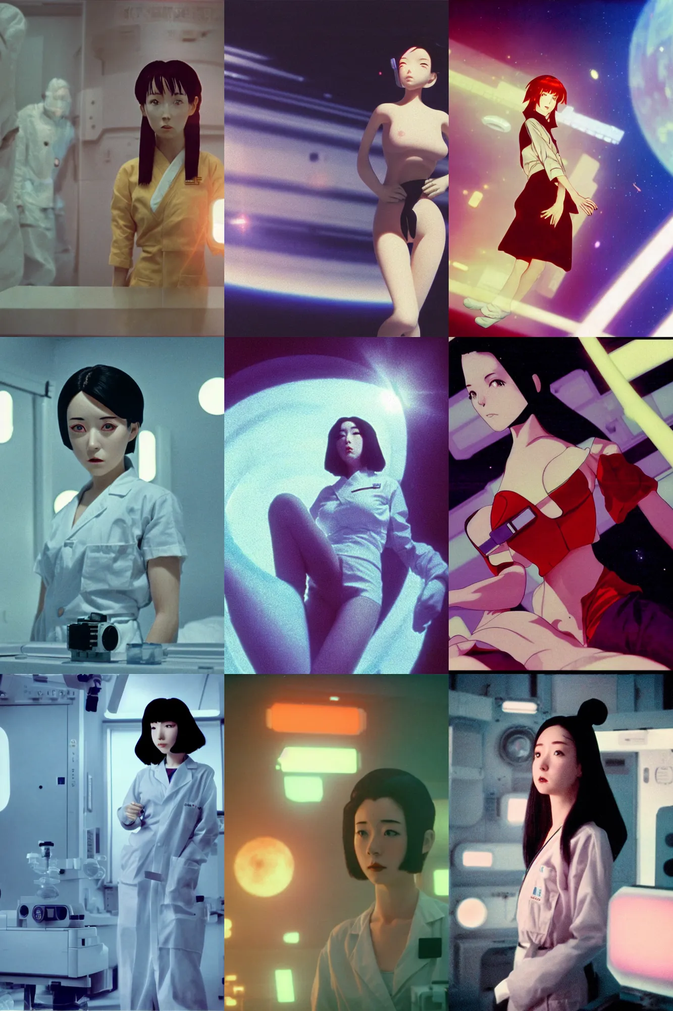 Prompt: Cinestill 50d, 8K, 35mm,J.J Abrams flare; beautiful ultra realistic vaporwave minimalistic pointé posed seinen manga Kemonozume Shokujinki in space(1950) film still medical lab scene, 2000s frontiers in blade runner retrofuturism fashion magazine September hyperrealism holly herndon edition, highly detailed, extreme closeup three-quarter pointé posed model portrait, tilt shift zaha hadid background, three point perspective: focus on anti-g flight suit;pointé pose;open mouth,terrified, eye contact, soft lighting