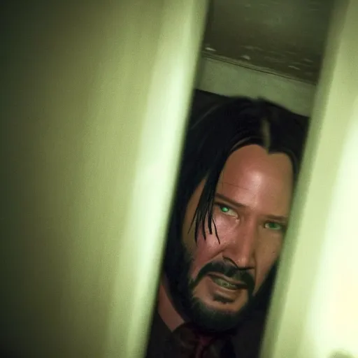 Prompt: grainy photo of john wick as a creepy monster in a closet, harsh flash