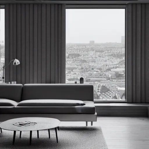 Prompt: brutalist open living room, big windows, showing city landscape on background, minimalist architecture, minimalist furniture, octane render, high quality, 8 k, post production