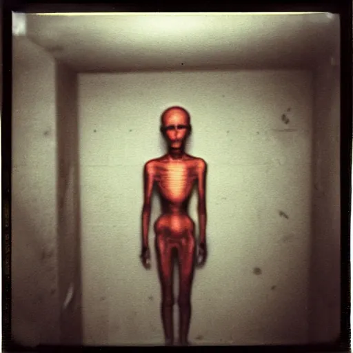 Image similar to a humanoid creature at the bottom of a dark stairwell, dark!, creepy, unsettling, uncanny valley!!!, old polaroid, expired film,