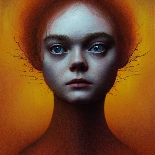 Prompt: professional painting of Elle Fanning in the style of Beksinski, head and shoulders portrait, symmetrical facial features, smooth, sharp focus, illustration, intricate, stormy weather, extremely detailed masterpiece,