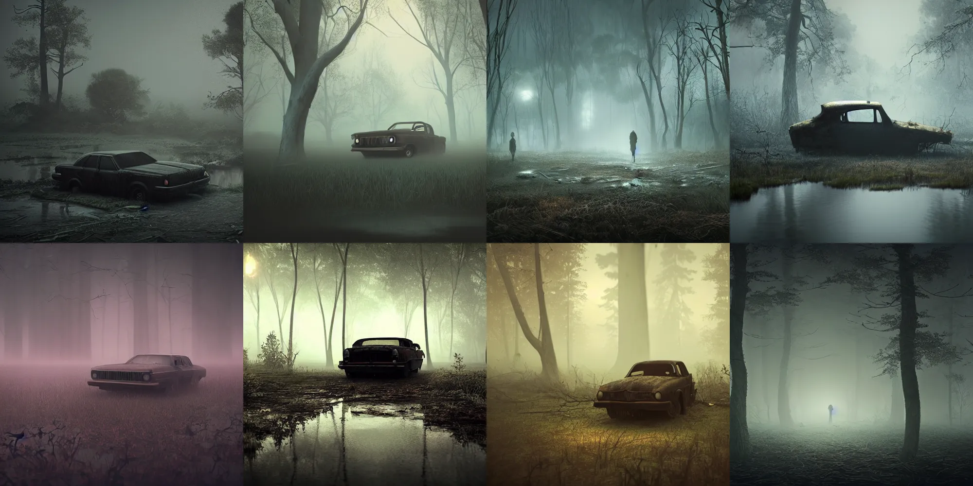 Image similar to beautiful dark creepy foggy swamp landscape, old abandoned car sinking, in the style of beeple and Mike Winkelmann, intricate, epic lighting, cinematic composition, hyper realistic, 8k resolution, unreal engine 5,