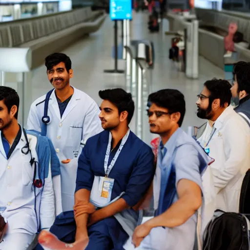 Image similar to Anxious good looking young Indian doctors in American clothes waiting at an airport, by Feng Zhu, highly detailed, excellent composition, cinematic concept art, dramatic lighting, trending on ArtStation