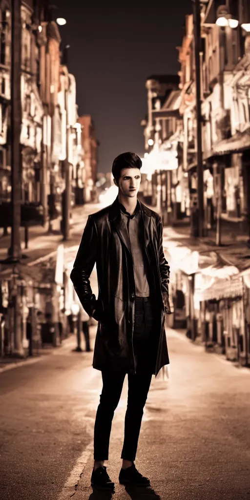 Image similar to Professional full body portrait of a tall young man in a street at night. He is wearing a leather coat and he looks very tired and nervous. 4K, dramatic lighting