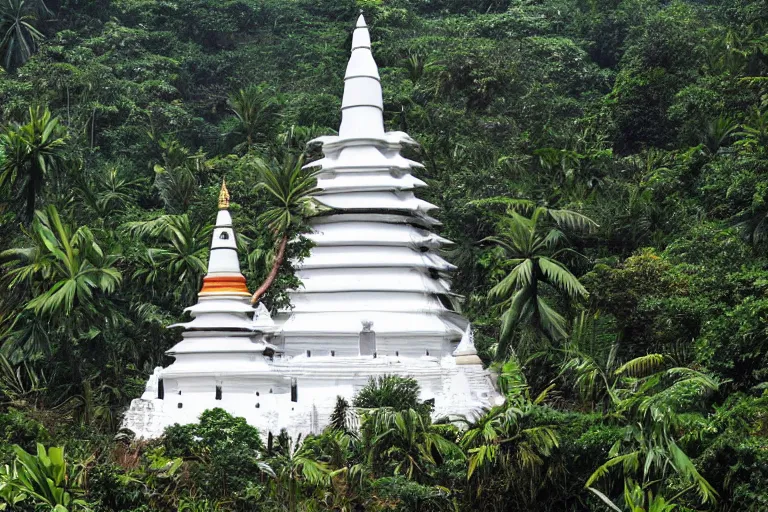 Prompt: sri lankan white stupa hidden in the jungle village, drawn by hayao miyazaki