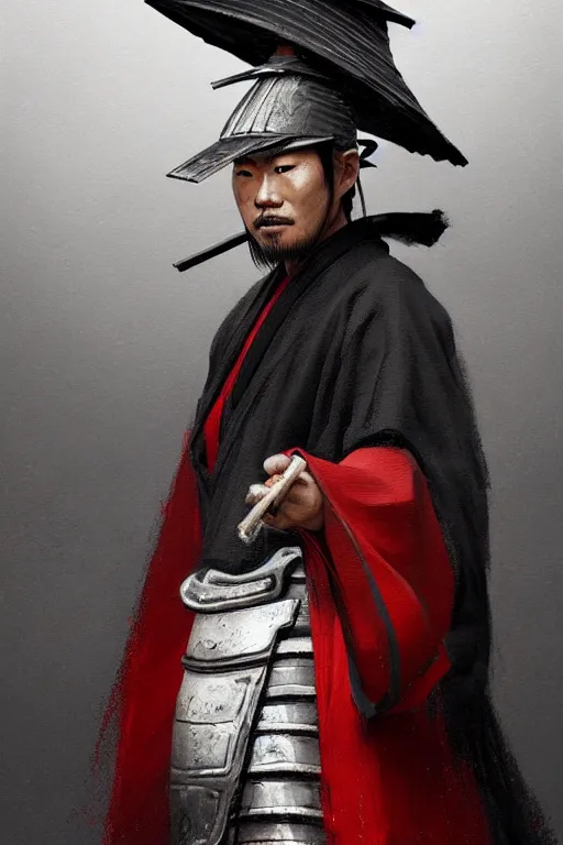 Image similar to portrait of a samurai wearing a bamboo hat and black robe by Greg Rutkowski, d&d character, black and red, white background, highly detailed portrait, digital painting, artstation, concept art, smooth, sharp focus illustration, Artstation HQ