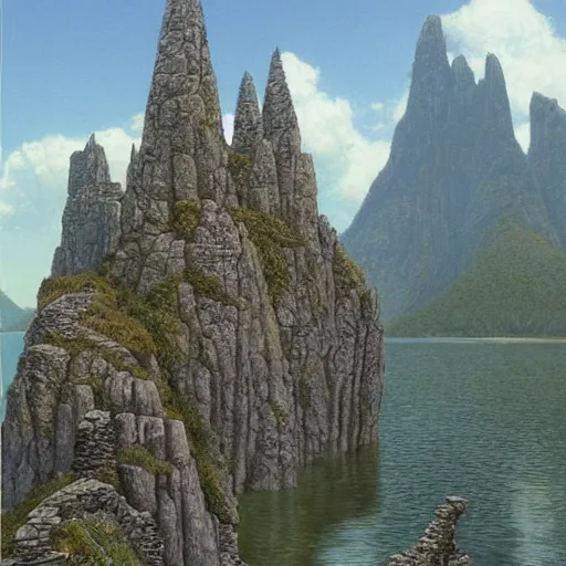 Prompt: three stone towers on a small island on a lake. misty. mountains in the background. painting by Ted Nasmith and Larry Elmore.