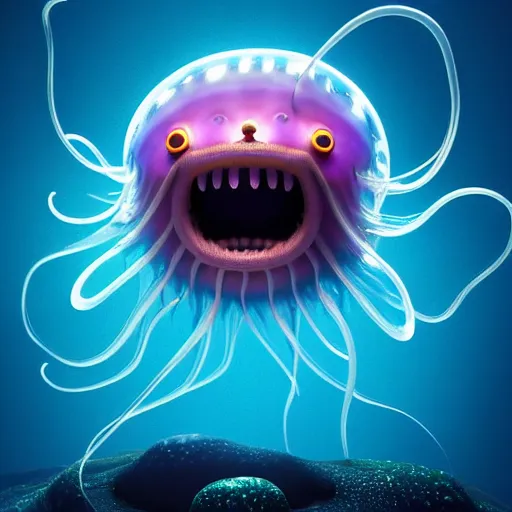 Image similar to a beautiful extreme wide photograph of a super cute jellyfish monster with huge sad eyes and sharp fangs in a wide open mouth, highly detailed, smooth, very very clean, 8 k, cinematic movie photograph, cinematic lighting, octane render, zbrush central contest winner, 3 d maya render