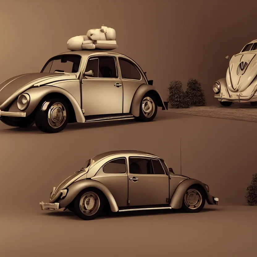 Image similar to a low poly render of a VW Beetle on a bookshelf, octane render, unreal engine 5, high quality