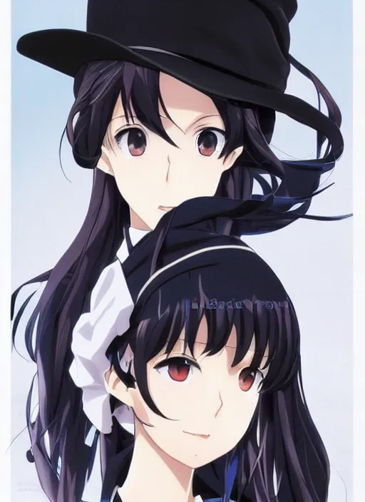 Image similar to key anime visual of a beautiful girl wearing a beige beret and blue shirt; long black hair; anime; drawn by Shigenori Soejima; 3 tone colors