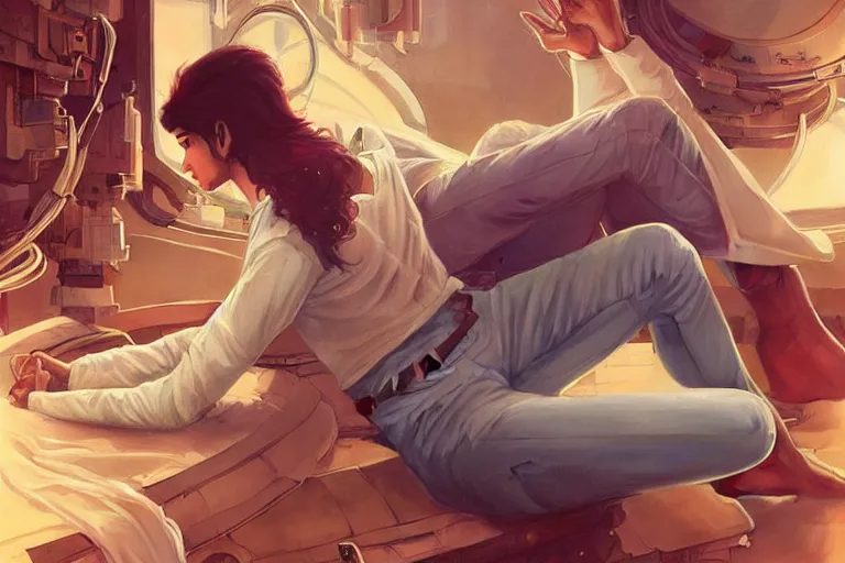 Image similar to Sensual good looking pale young Indian doctors wearing jeans asleep in a space station above Earth performing surgery, portrait, elegant, intricate, digital painting, artstation, concept art, smooth, sharp focus, illustration, art by artgerm and greg rutkowski and alphonse mucha