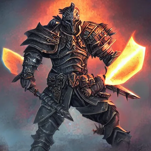 Image similar to Ares with heavy armor and sword, dark sword in Ares's hand, war theme, bloodbath battlefield, hot coloring, hearthstone art style, epic fantasy style art, fantasy epic digital art, epic fantasy card game art