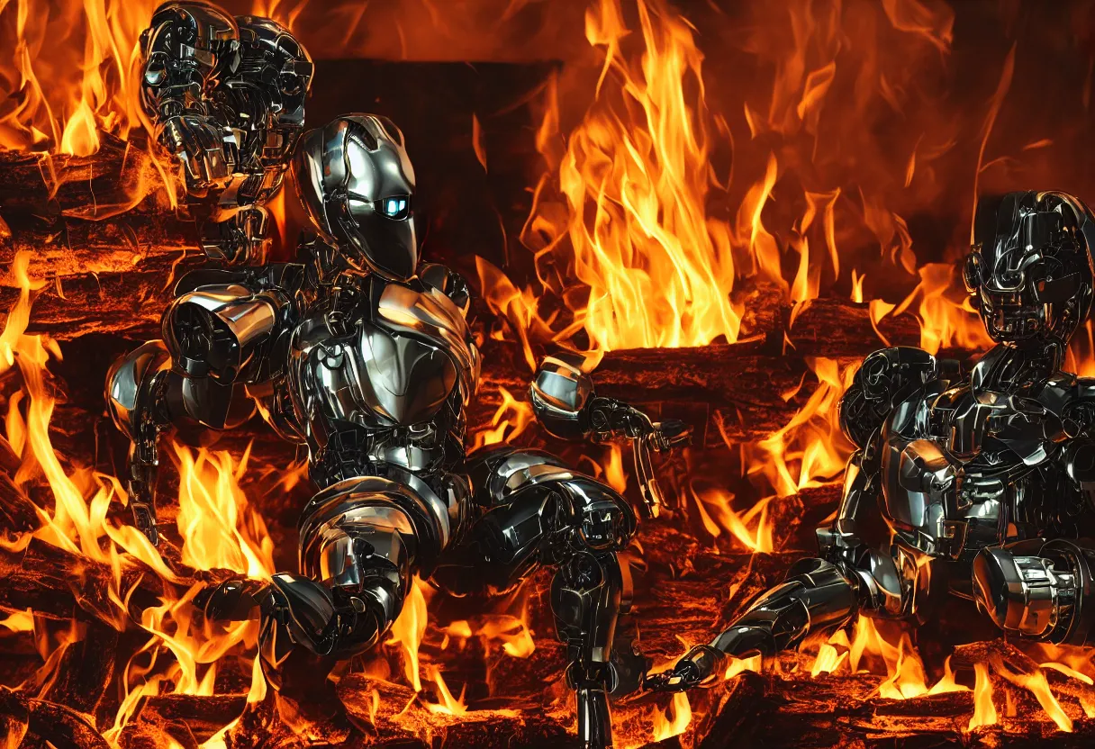 Image similar to An intimate closeup portrait photograph of one menacing cybertronic robot sitting on a frayed recliner in front of a single beautiful fireplace with a cozy fire