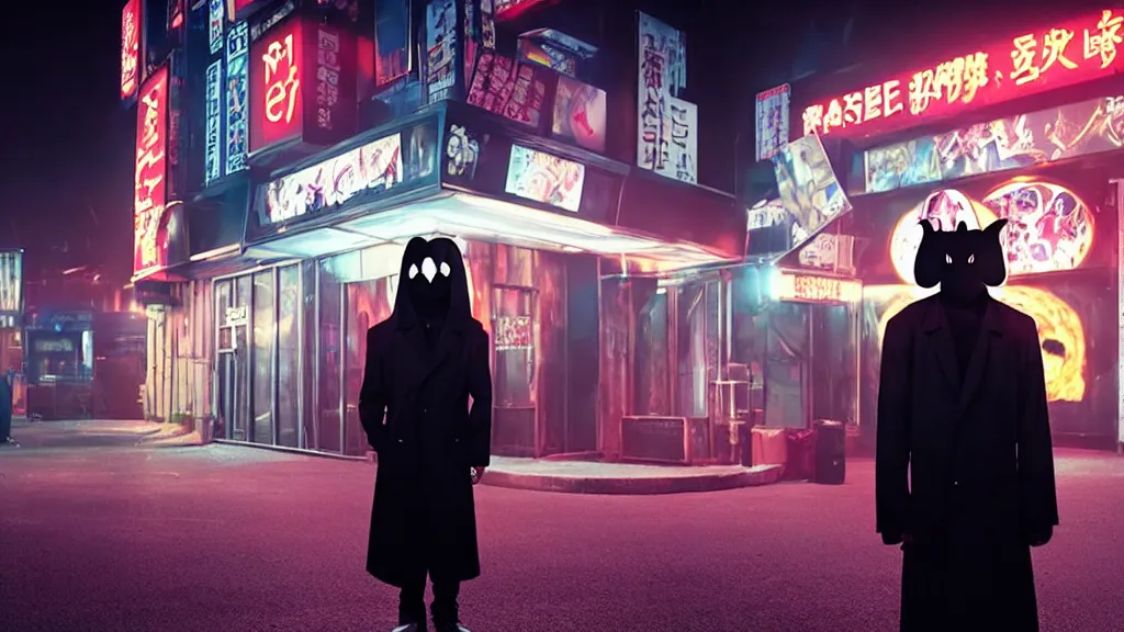 Image similar to a man wearing a black trench coat and black rabbit mask standing outside a night club, anime film still from the movie directed by Denis Villeneuve with art direction by Junji Ito, wide lens