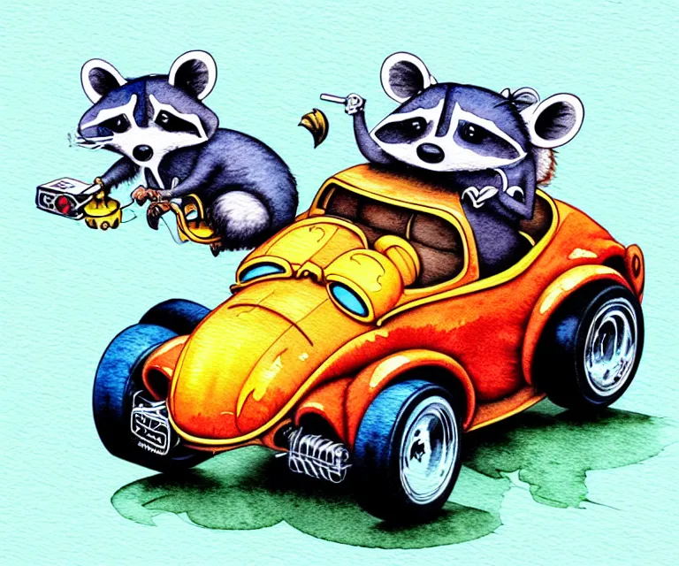 Prompt: cute and funny, ( racoon [ smoking cigar ] ) riding in a tiny hot rod with oversized engine, ratfink style by ed roth, centered award winning watercolor pen illustration, isometric illustration by watercolor girl, edited by range murata, tiny details by artgerm, symmetrically isometrically centered