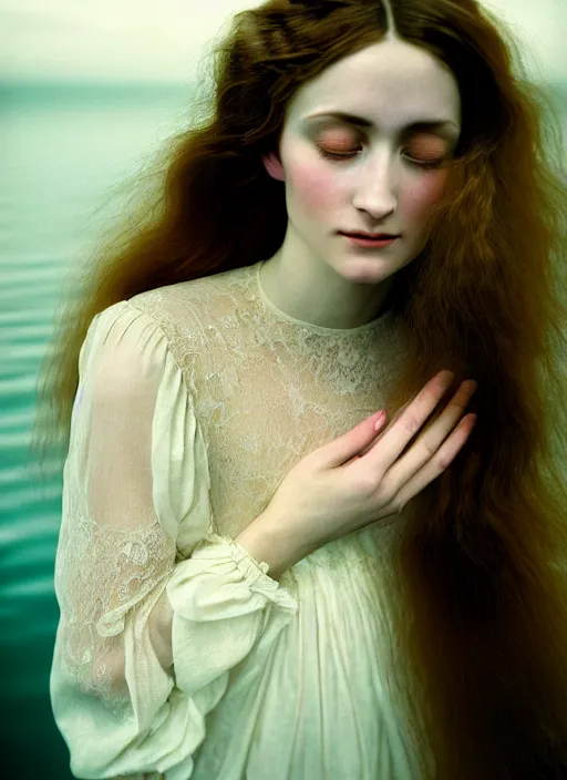 Image similar to Kodak Portra 400, 8K, soft light, volumetric lighting, highly detailed, sharp focus,britt marling style 3/4, Close-up portrait photography of a beautiful woman how pre-Raphaelites a woman with her eyes closed is surrounded by water , face is surrounded by fish, she has a beautiful lace dress and hair are intricate with highly detailed realistic beautiful flowers , Realistic, Refined, Highly Detailed, natural outdoor soft pastel lighting colors scheme, outdoor fine art photography, Hyper realistic, photo realistic