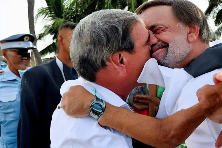 Image similar to bolsonaro kissing president lula at the romantic beach