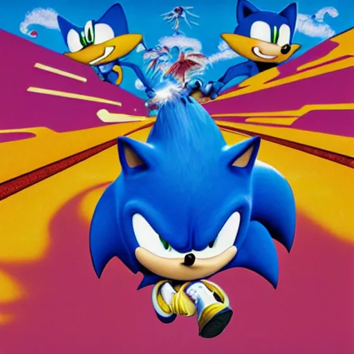 Prompt: sonic the hedgehog in a recursive surreal, sharp, detailed professional, high quality airbrush art MGMT tame impala album cover of a liquid dissolving LSD DMT sonic the hedgehog surfing through cyberspace, purple checkerboard background, 1990s 1992 Sega Genesis video game album cover,-n 4