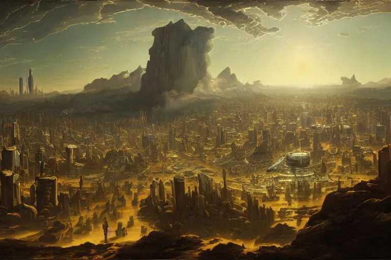 Image similar to a vast planetary sci-fi city by Ansel Adams and Bernardo Bellotto, oil on canvas, artstation, dramatic scenery, masterpiece, aesthetic