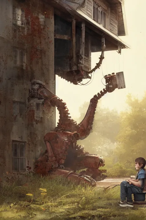 Prompt: a big old rusty robot and a boy sitting on the porch of an old house, by artgerm, by greg rutkowski, octane render, hd