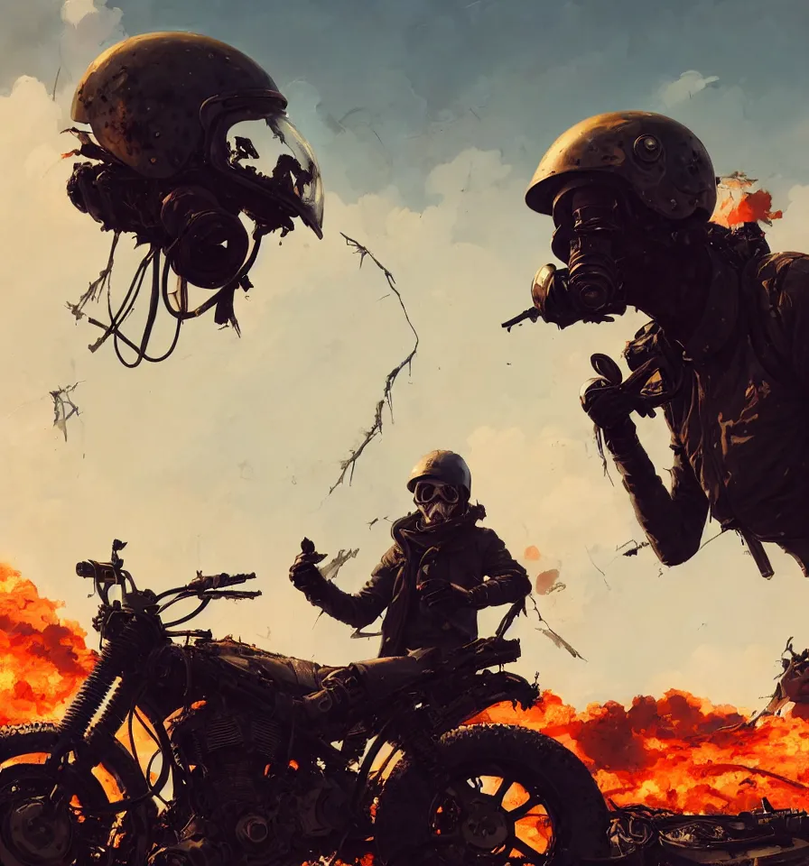 Image similar to a ultradetailed beautiful panting of post apocalyptic biker with helmet in front of crashed airplane burning, by ilya kuvshinov, greg rutkowski and makoto shinkai, trending on artstation