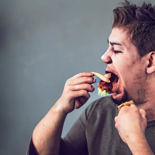 Image similar to he is eating a burger. he is eating it with his hands. he is eating it with his mouth. he is eating it with his teeth. he is eating it with his tongue. he is eating it with his lips. he is eating it with his cheeks