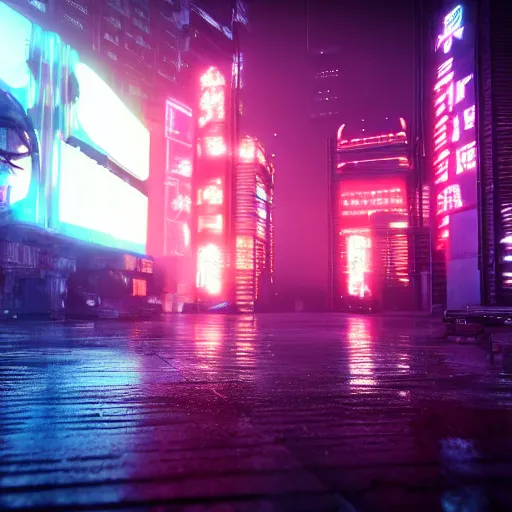 Image similar to « glowing neon lights, sunrise, cyberpunk, alita battle angel, blade runner, rainy, cold, clouds, far view, photorealistic, unreal engine 5, attractive girl sharp focus »