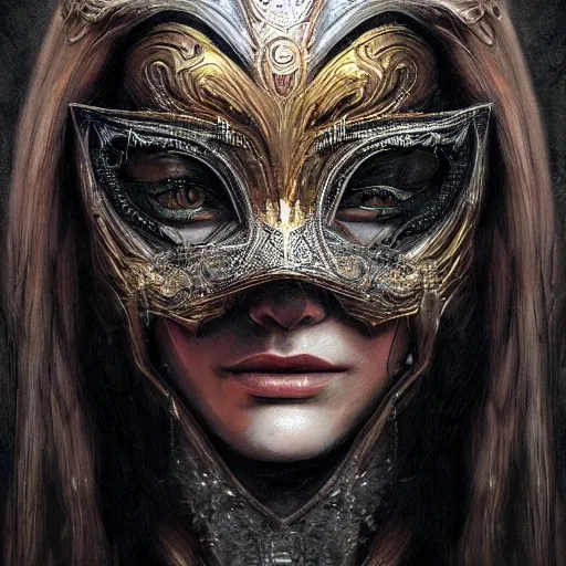 Image similar to Very very very very highly detailed epic photo of face with venetian mask, intricate, dystopian, sci-fi, extremely detailed, digital painting, artstation, concept art, smooth, sharp focus, illustration, intimidating lighting, incredible art by Artgerm and Anton Pieck