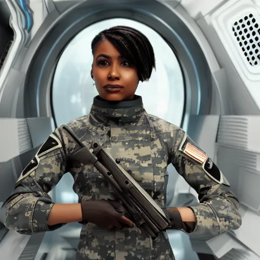 Image similar to a futuristic female soldier with brown skin and short hair in a spaceship