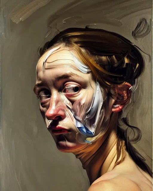 Image similar to a close up portrait a very ordinary young woman with a distracted expression, low angle, facing front, looking up, by Lucian Freud and Jenny Saville, oil painting, anatomically correct, beautiful perfect face, visible brushstrokes, sharp focus, Highly Detailed, Cinematic Lighting, 8k, HD