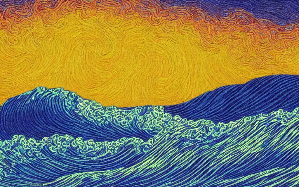 Image similar to a beutiful sunset on a beach, fractal waves. japanese embroidery. retro minimalist art by jean giraud and van gogh.