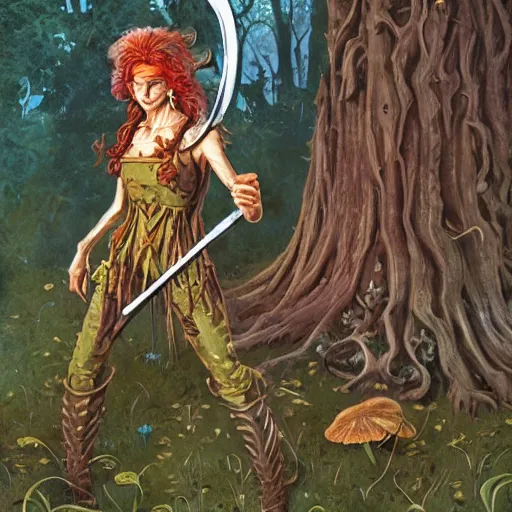 Image similar to moonshine cybin, epic level dnd wood elf spore druidess, wielding a magical sword, wearing magical overalls. covered in various fungi. full character concept art, realistic, high detail digital gouache painting by angus mcbride and michael whelan and jeffrey jones