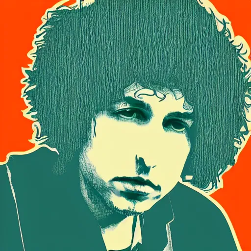 Prompt: aportrait of bob dylan photoshop halftone highlights | chromatic risograph print