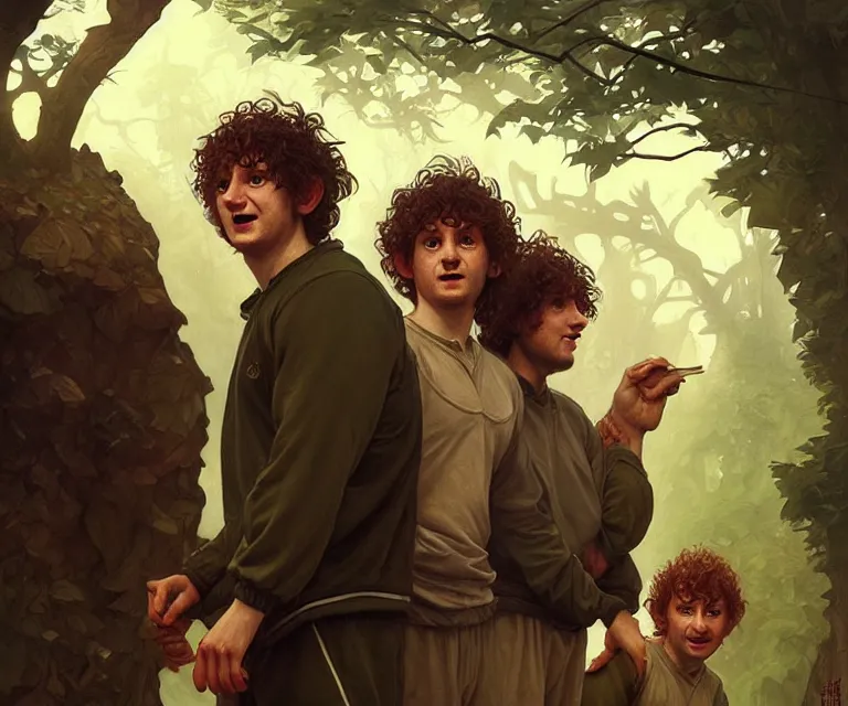 Image similar to portrait three hobbits as squatting slavs in track suits, caricature, highly detailed, digital painting, artstation, concept art, sharp focus, cinematic lighting, illustration, art by met mangindaan, artgerm and greg rutkowski, alphonse mucha, cgsociety