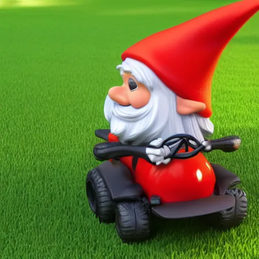 Image similar to gnome wearing red hat sitting on fancy riding lawn mower in backyard afternoon 2019 Pixar render SSAO ray marching black and orange lawn mower designed by Ikuo Maeada